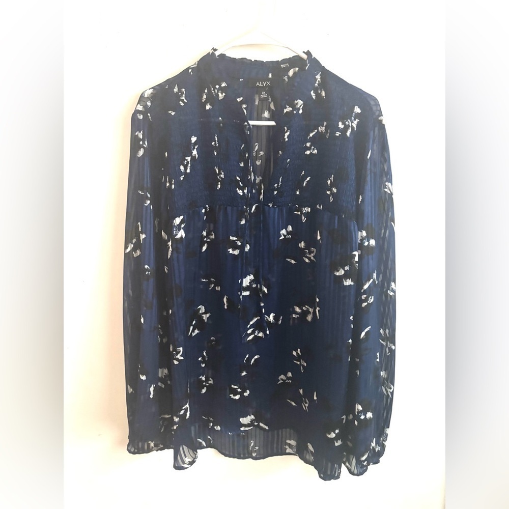 ALYX Women’s Sheer Navy Floral Blouse 2X Long Sleeve Dark Romantic Whimsigoth